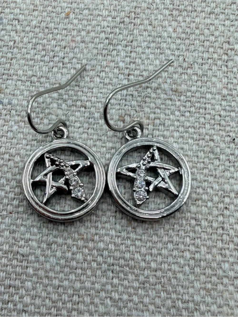 Silver Star Circle Drop Earrings with Crystal Accents - Women Jewelry
